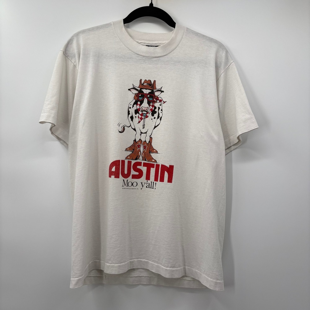 Screen Stars Mens Size Large Shirt Vintage 1989 Graphic Austin Moo Cow White USA